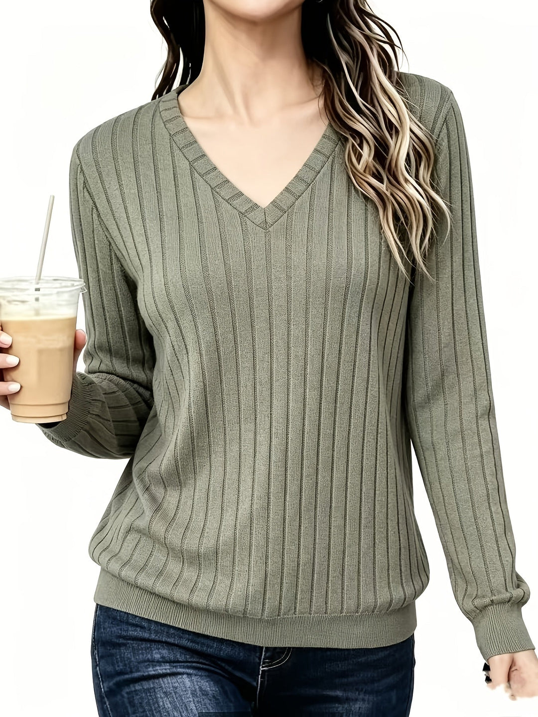 BRUSHED RIBBED V-NECK TOP FOR WOMEN