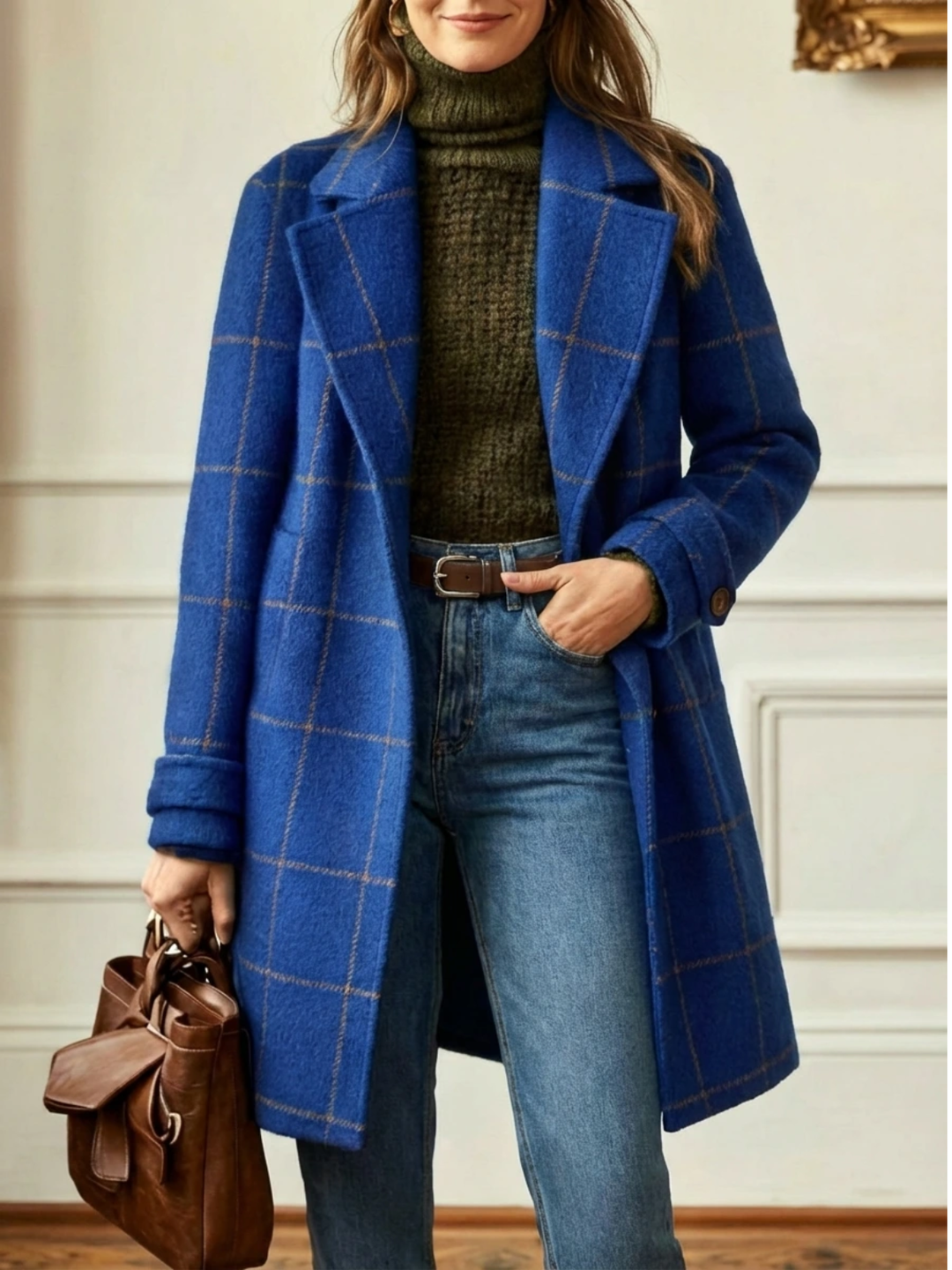 Timeless Check Wool Coat with Wide Collar