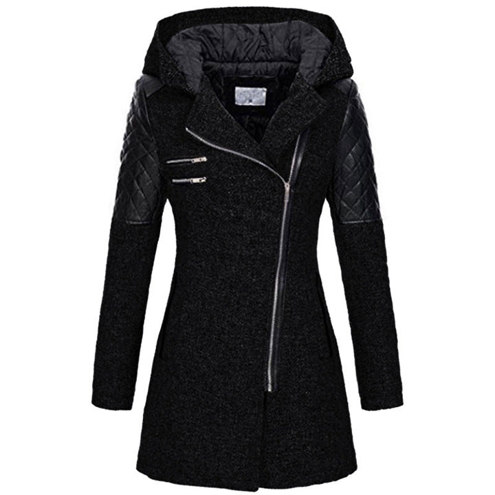 Fitted Hooded Winter Coat with Quilted Leather Shoulders