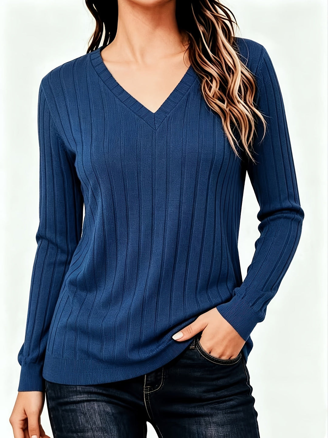 BRUSHED RIBBED V-NECK TOP FOR WOMEN