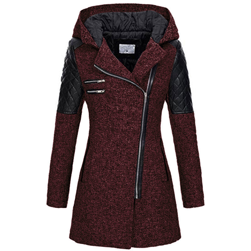 Fitted Hooded Winter Coat with Quilted Leather Shoulders
