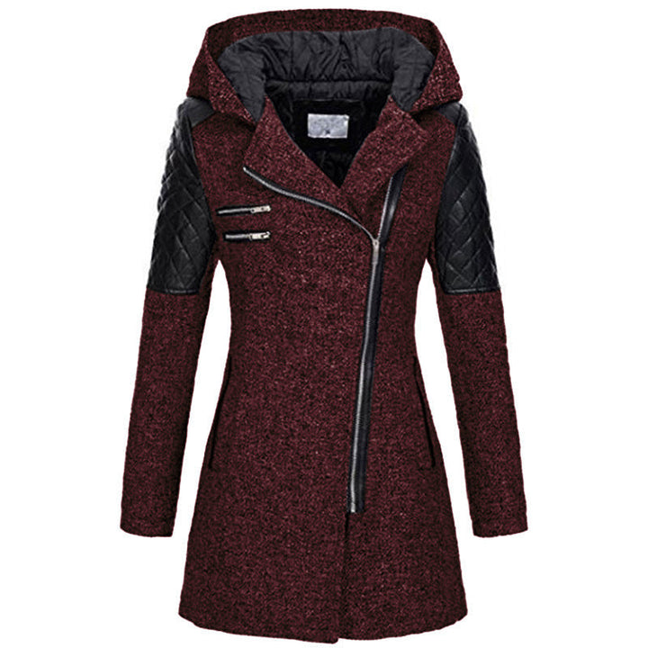Fitted Hooded Winter Coat with Quilted Leather Shoulders