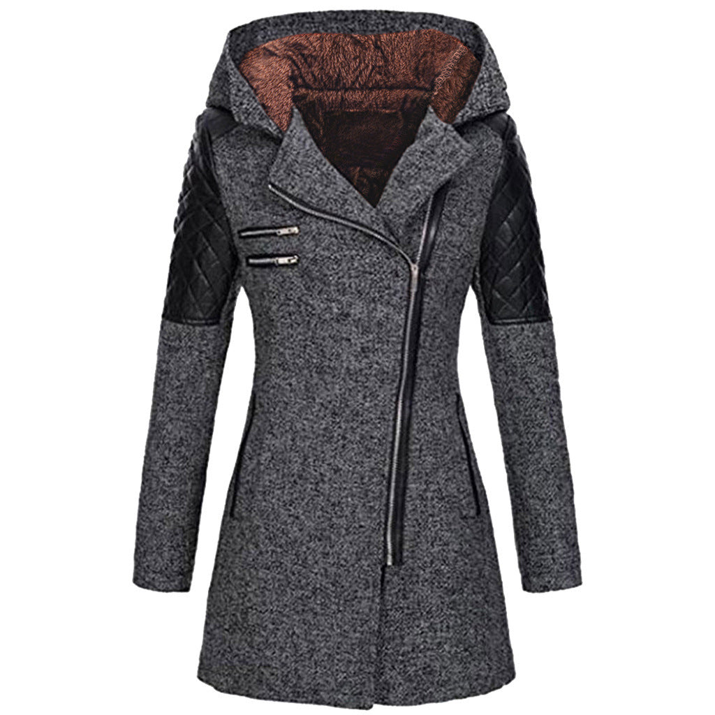 Fitted Hooded Winter Coat with Quilted Leather Shoulders