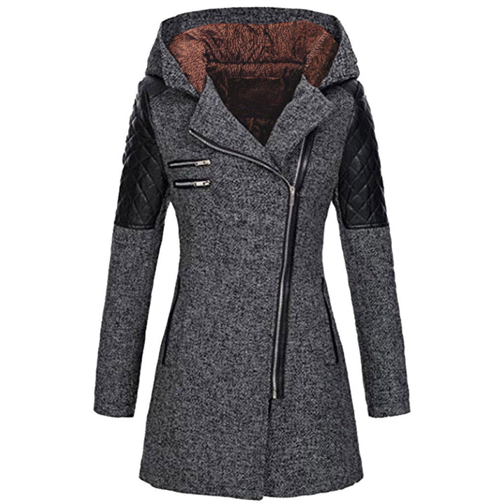Fitted Hooded Winter Coat with Quilted Leather Shoulders