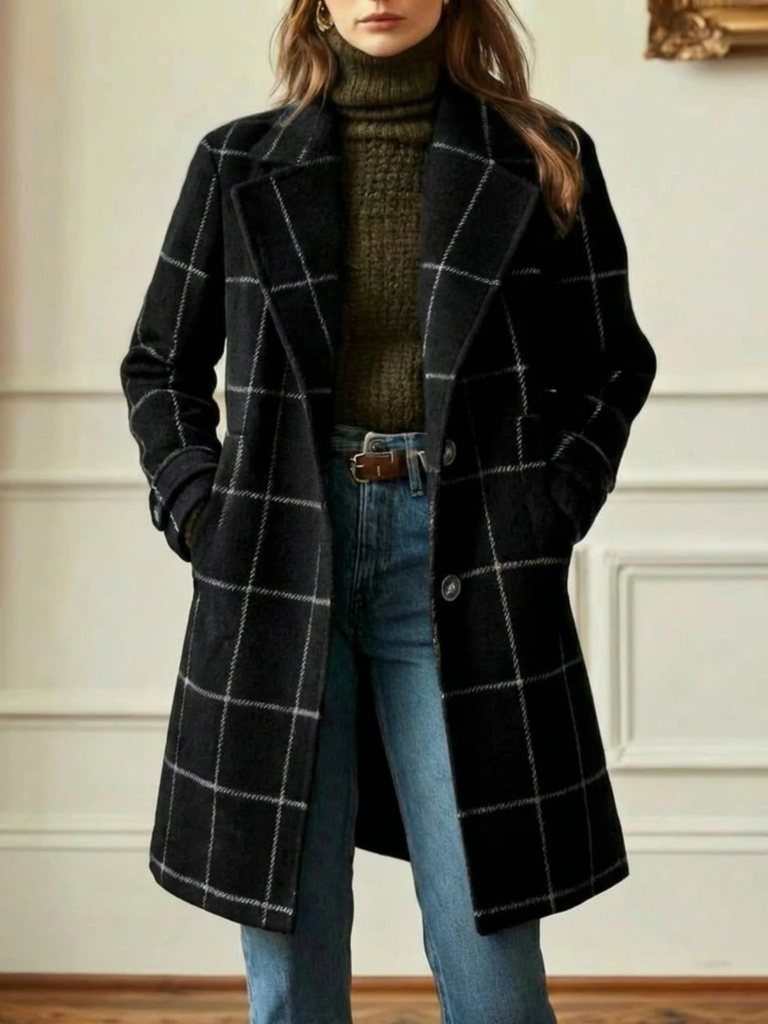 Timeless Check Wool Coat with Wide Collar