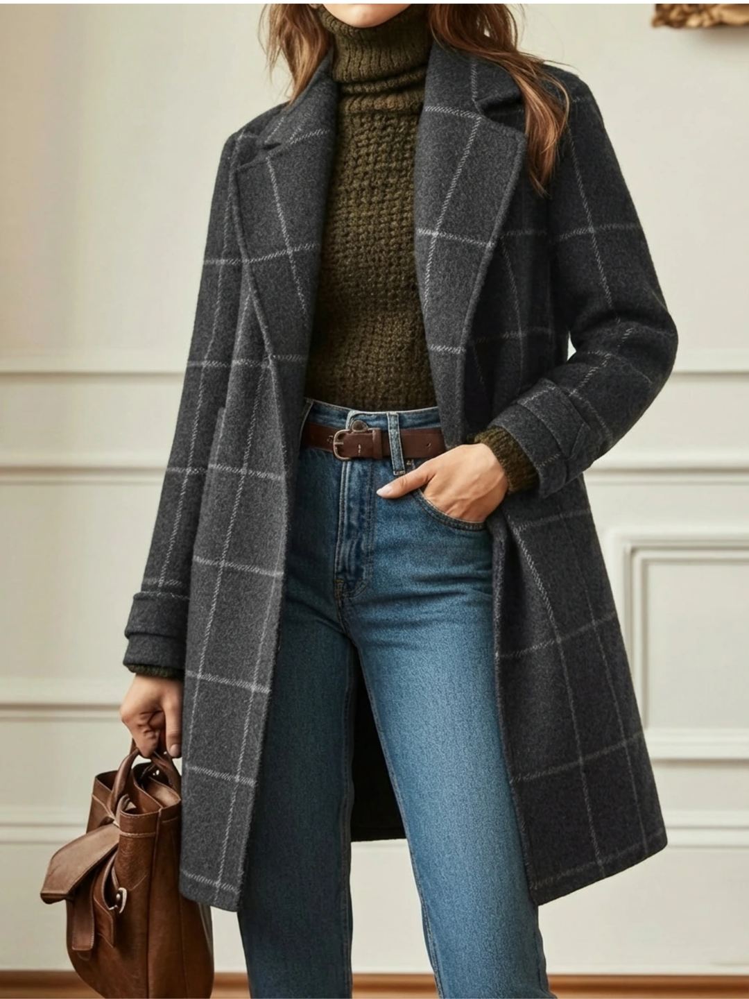 Timeless Check Wool Coat with Wide Collar