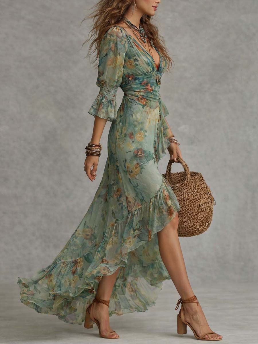 Boho Floral Maxi Dress with Deep V-Neckline and Ruffle Hem