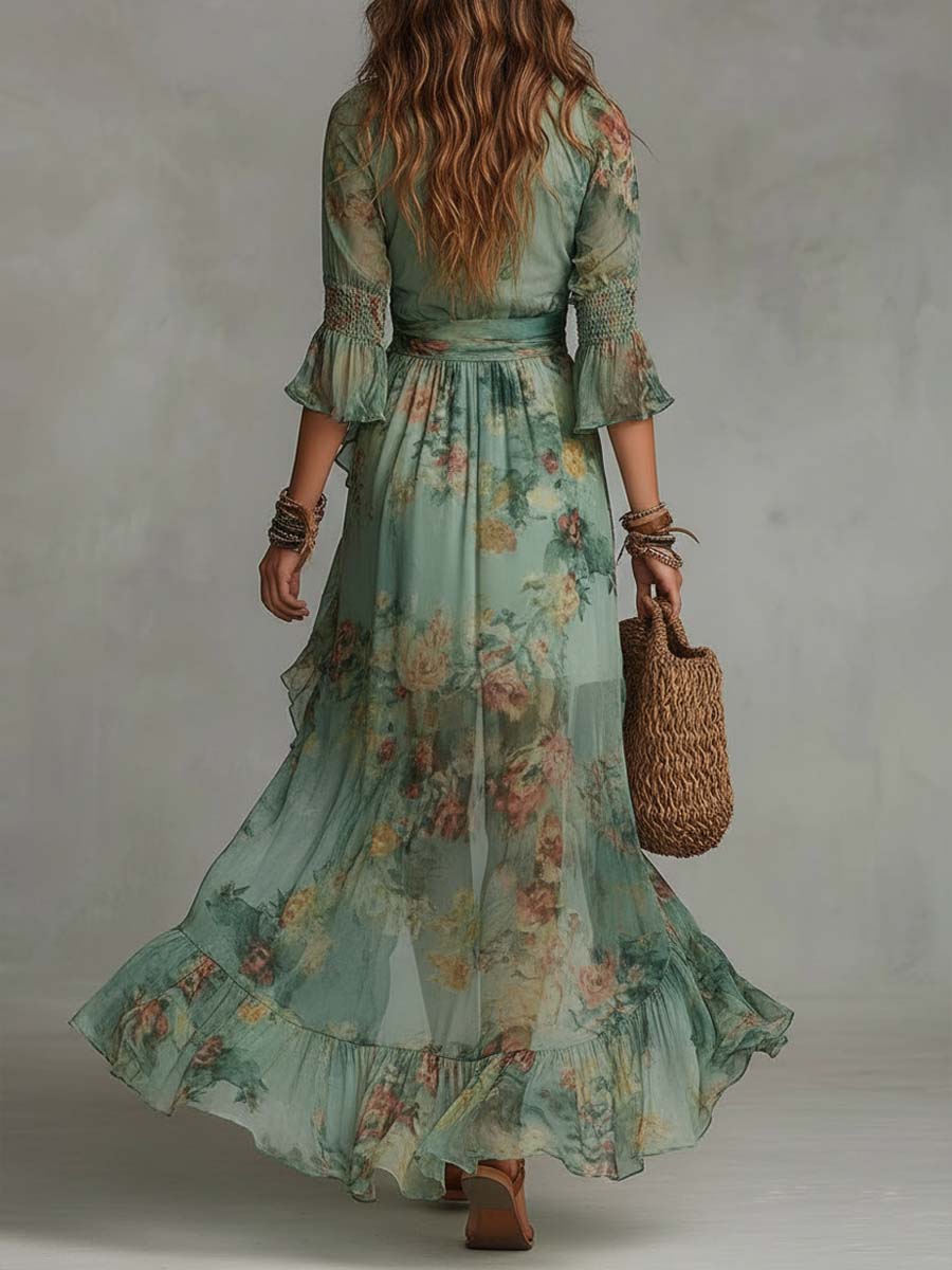 Boho Floral Maxi Dress with Deep V-Neckline and Ruffle Hem