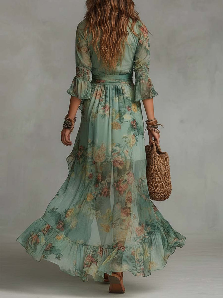 Boho Floral Maxi Dress with Deep V-Neckline and Ruffle Hem
