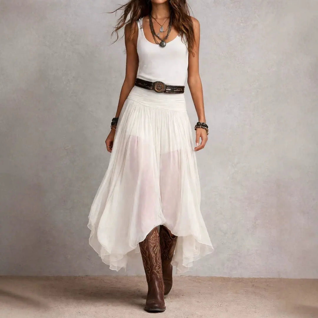 Boho Flowy Midi Dress with Ruched Waistband and Asymmetric Hem