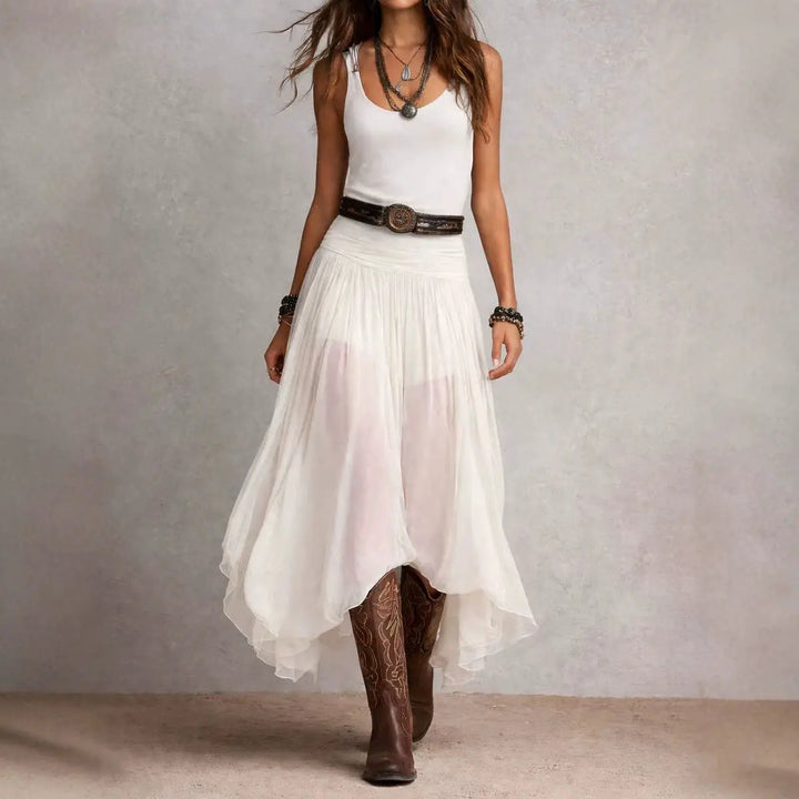 Boho Flowy Midi Dress with Ruched Waistband and Asymmetric Hem