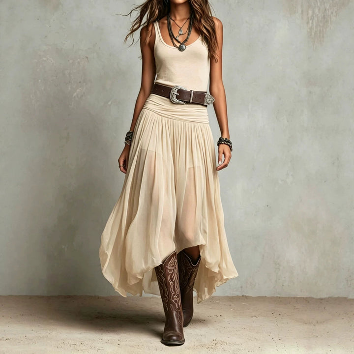 Boho Flowy Midi Dress with Ruched Waistband and Asymmetric Hem