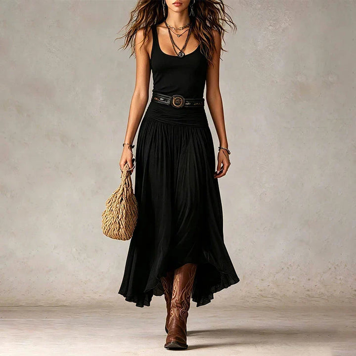 Boho Flowy Midi Dress with Ruched Waistband and Asymmetric Hem