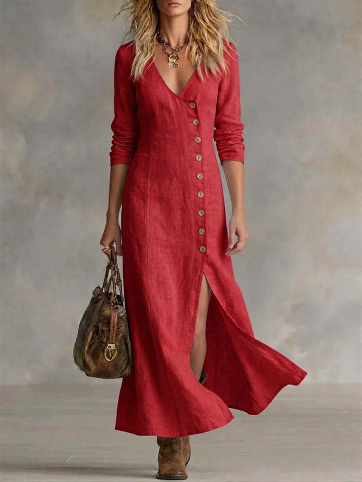 Boho Linen Maxi Dress with V-Neckline and Button Front