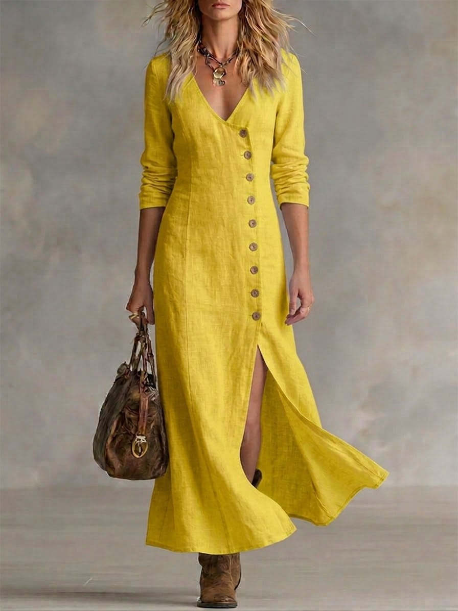 Boho Linen Maxi Dress with V-Neckline and Button Front