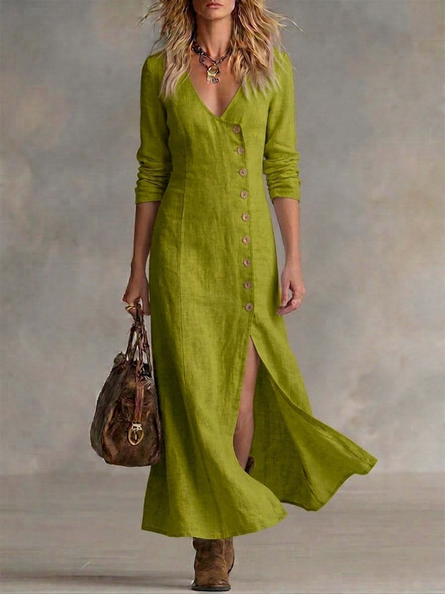 Boho Linen Maxi Dress with V-Neckline and Button Front