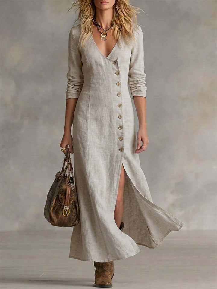 Boho Linen Maxi Dress with V-Neckline and Button Front