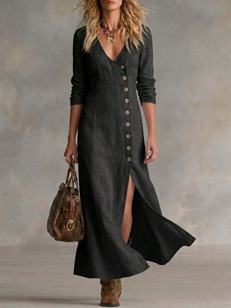 Boho Linen Maxi Dress with V-Neckline and Button Front