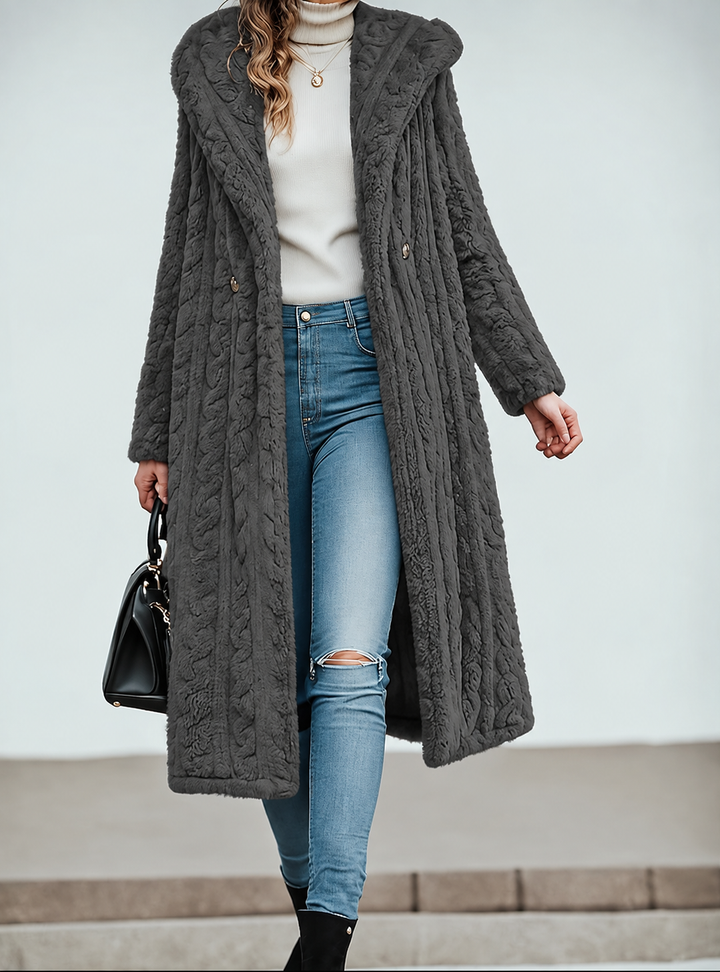 Long Hooded Teddy Coat with Textured Swirl Pattern