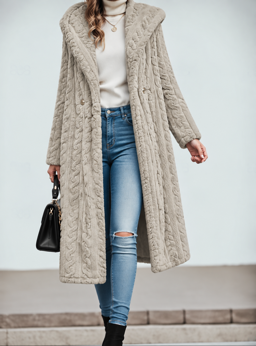 Long Hooded Teddy Coat with Textured Swirl Pattern