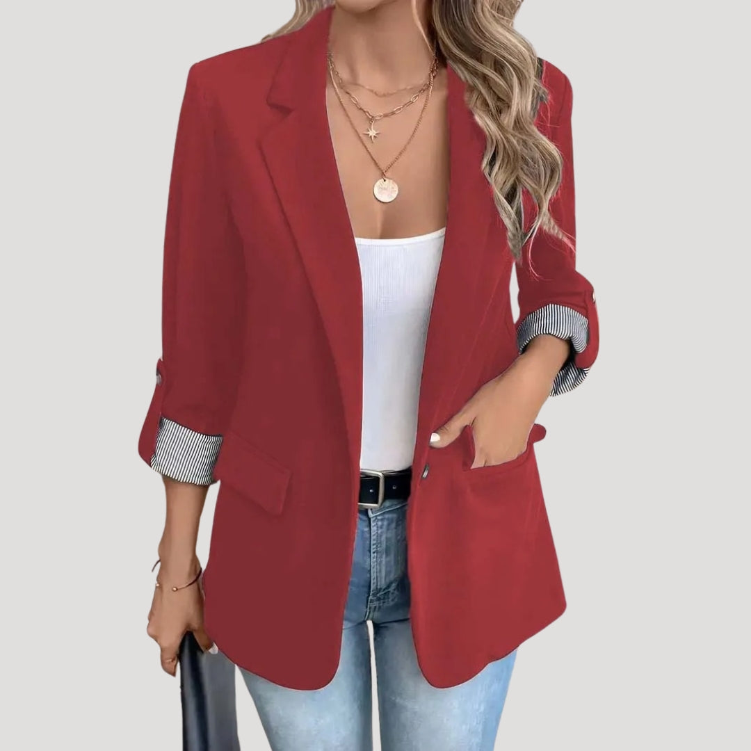 Classic Open Front Blazer with Striped Rolled Cuffs