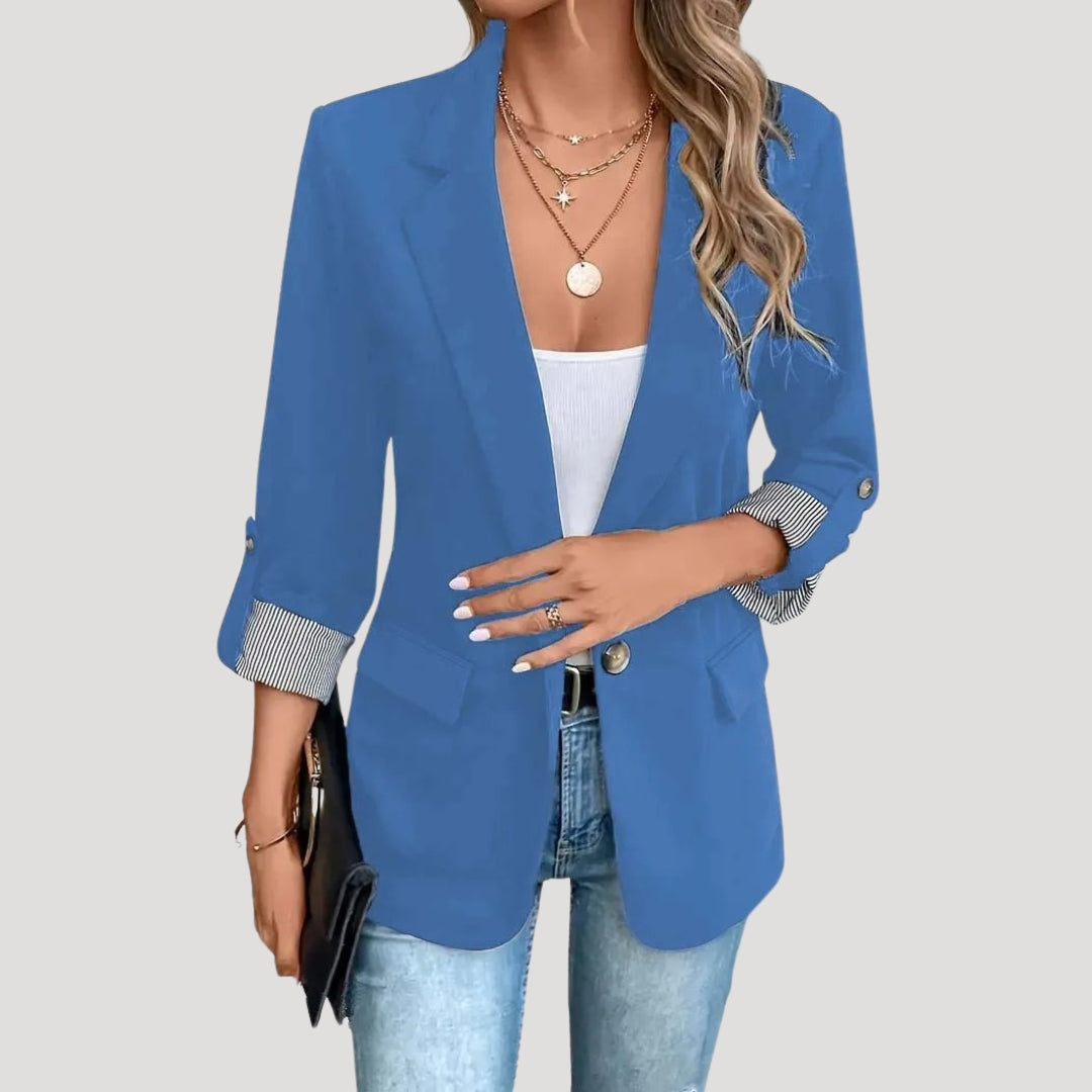 Classic Open Front Blazer with Striped Rolled Cuffs