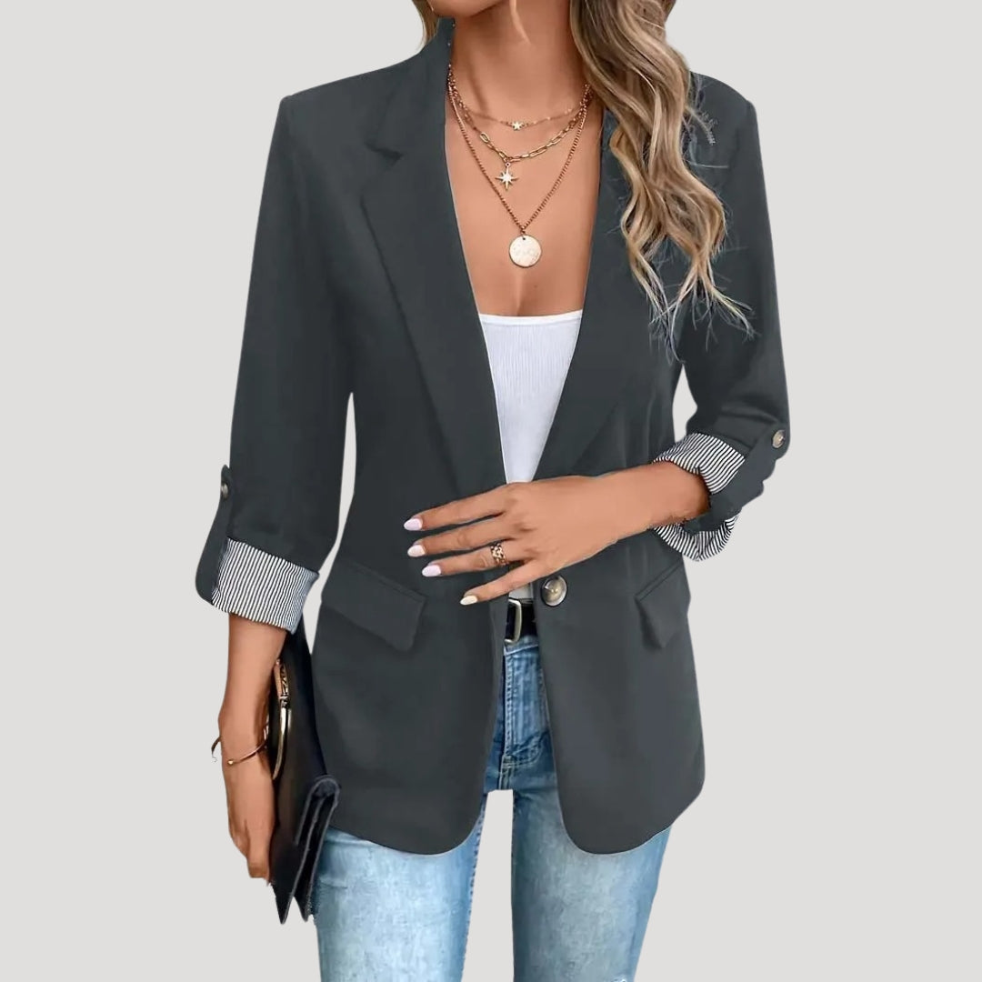 Classic Open Front Blazer with Striped Rolled Cuffs