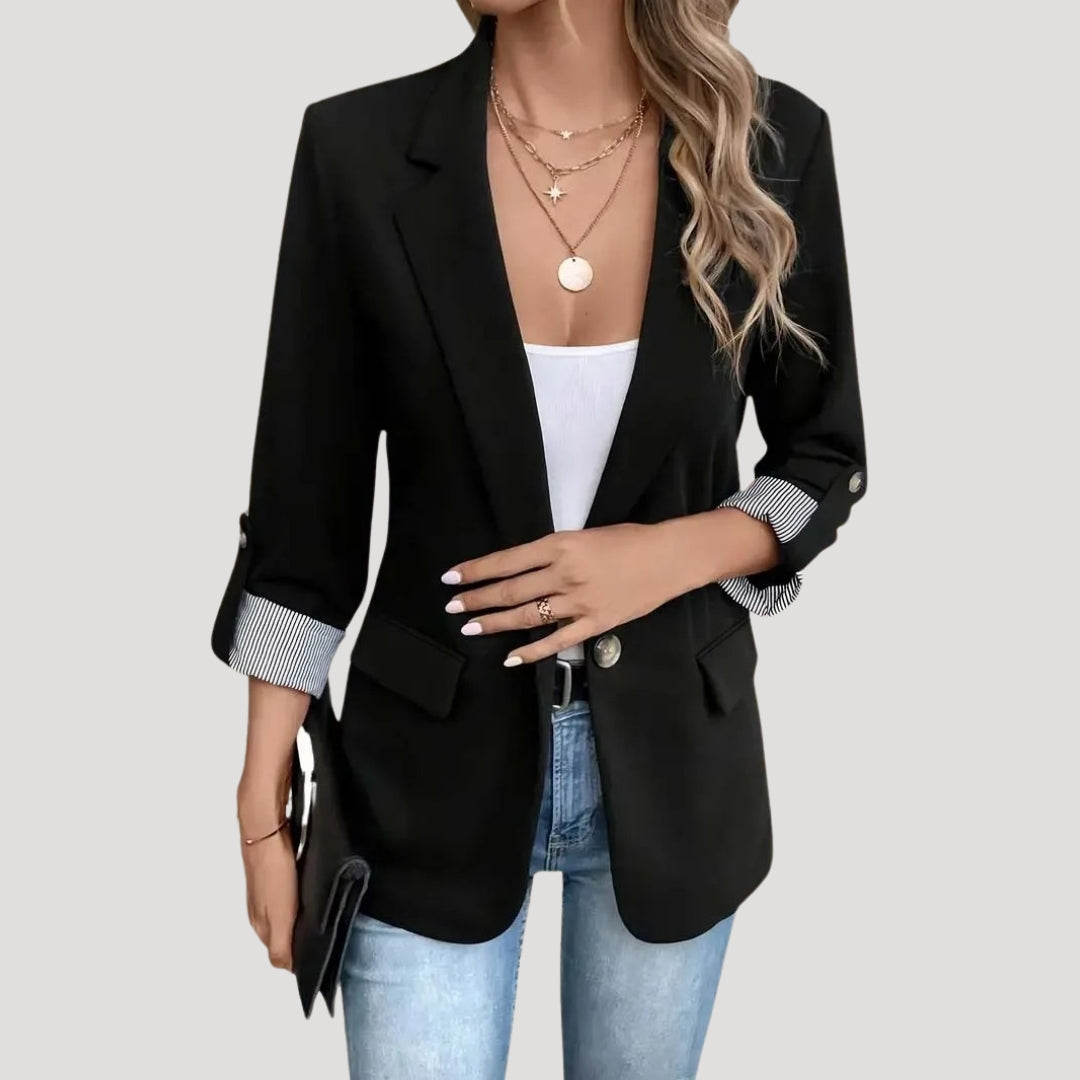 Classic Open Front Blazer with Striped Rolled Cuffs