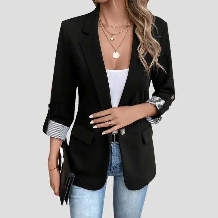 Classic Open Front Blazer with Striped Rolled Cuffs