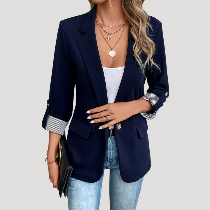 Classic Open Front Blazer with Striped Rolled Cuffs