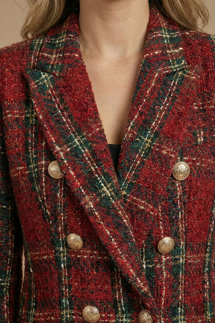 Classic Plaid Tweed Blazer with Double Breasted Gold Buttons