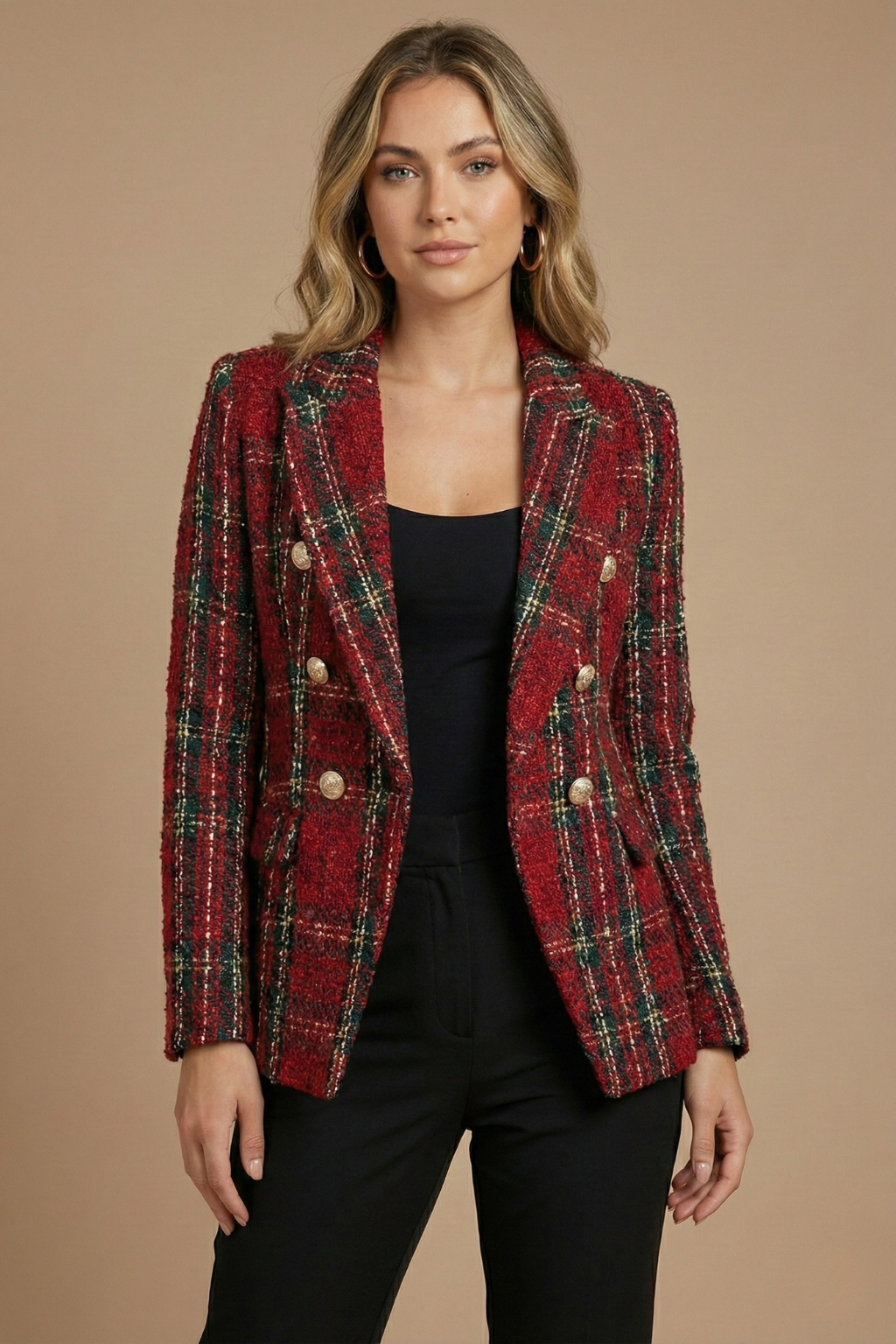 Classic Plaid Tweed Blazer with Double Breasted Gold Buttons