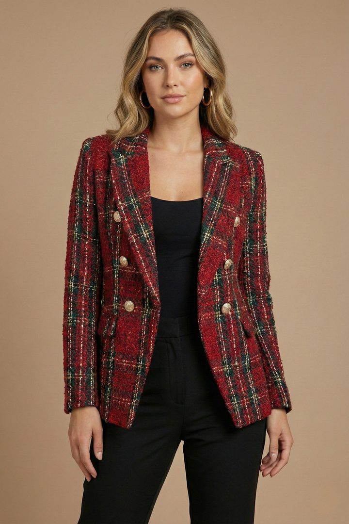 Classic Plaid Tweed Blazer with Double Breasted Gold Buttons