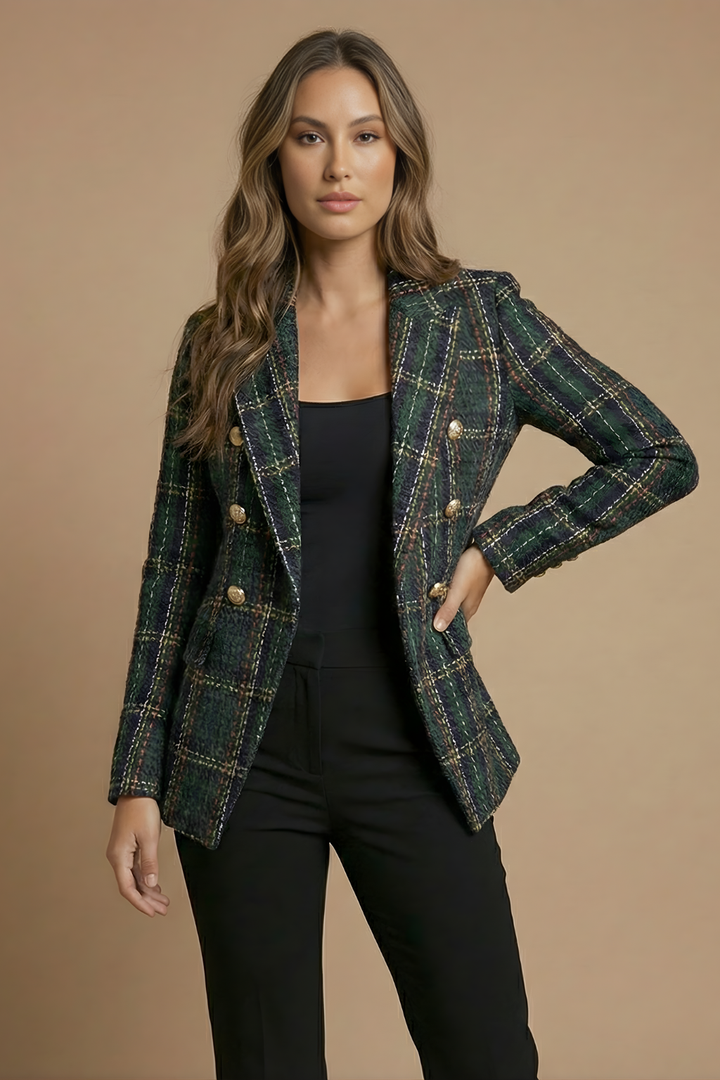 Classic Plaid Tweed Blazer with Double Breasted Gold Buttons