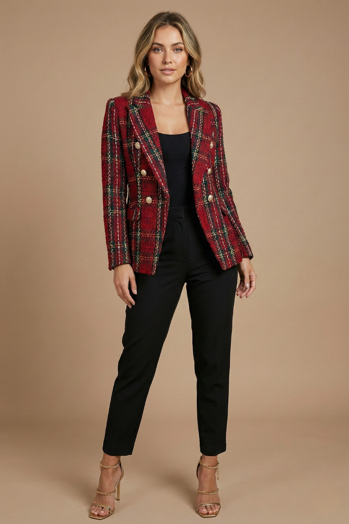 Classic Plaid Tweed Blazer with Double Breasted Gold Buttons