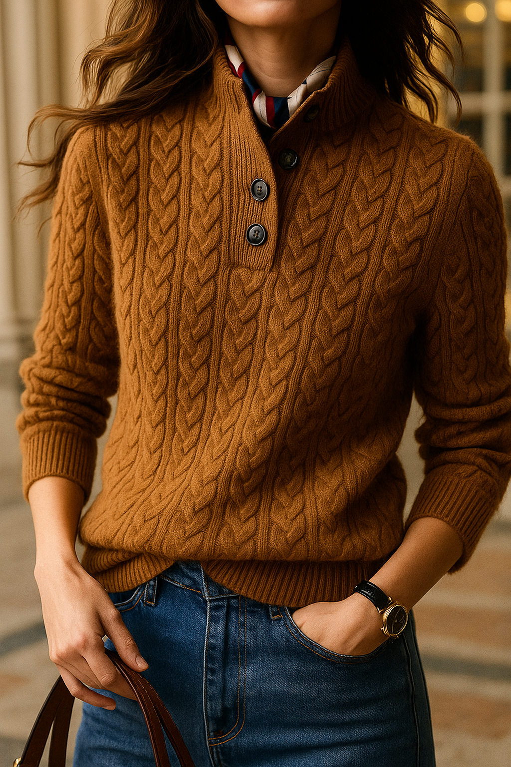 Cosy Cable Knit Cashmere Sweater with Button Neck