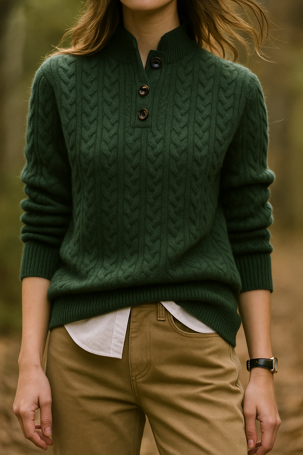 Cosy Cable Knit Cashmere Sweater with Button Neck