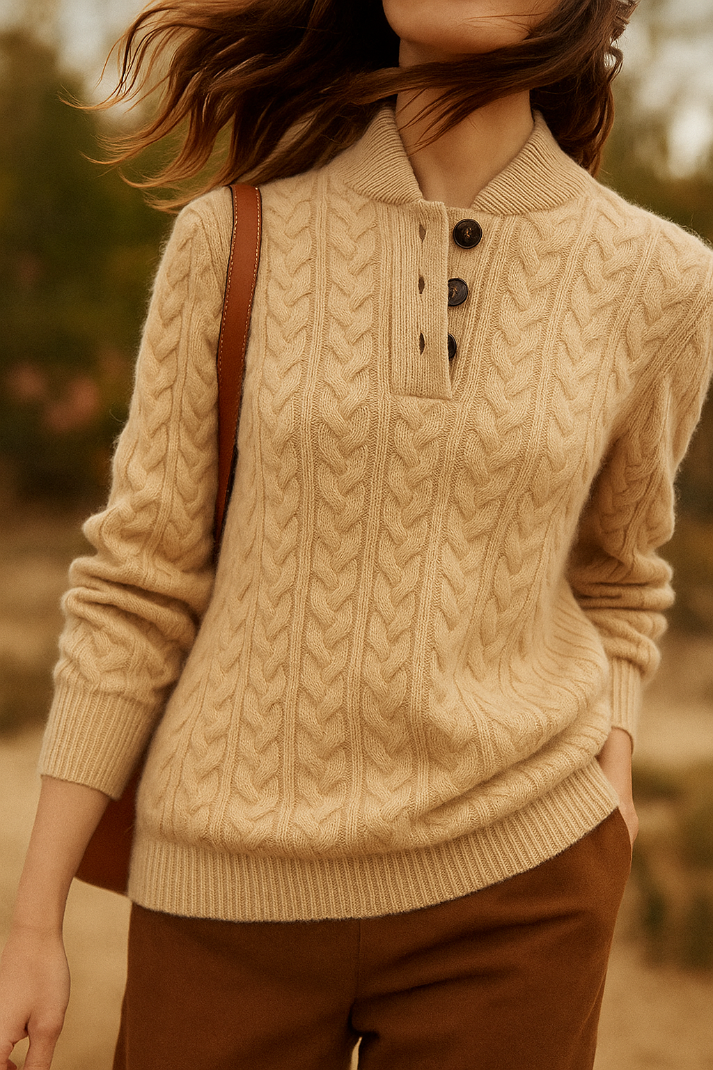 Cosy Cable Knit Cashmere Sweater with Button Neck