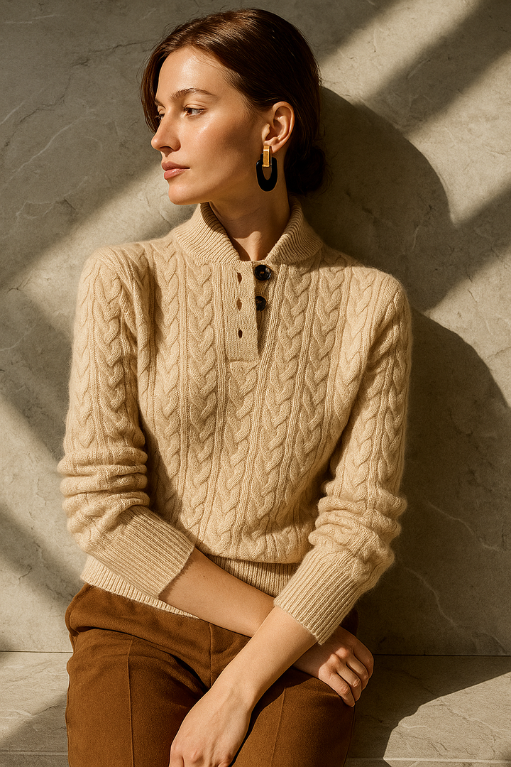 Cosy Cable Knit Cashmere Sweater with Button Neck
