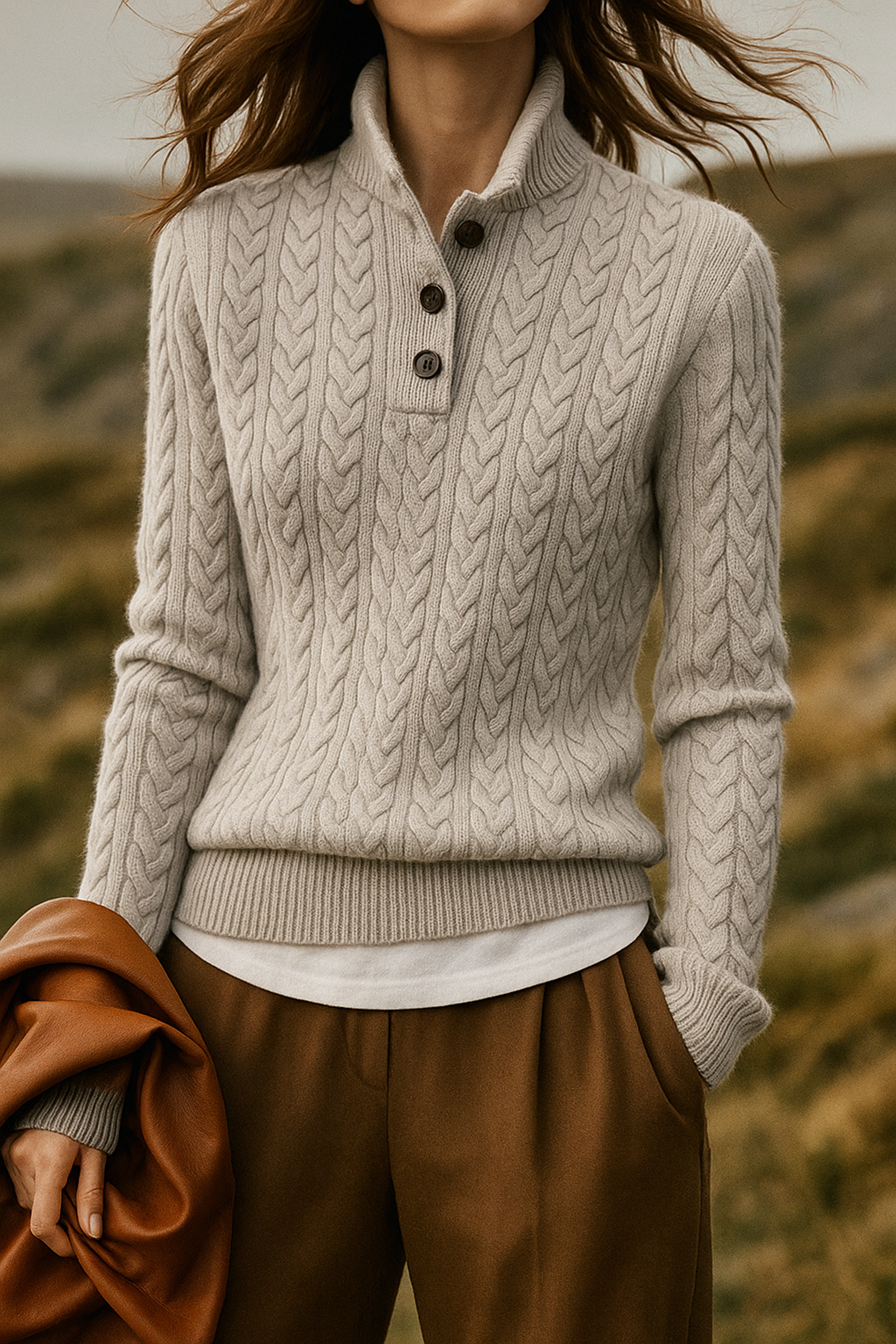 Cosy Cable Knit Cashmere Sweater with Button Neck