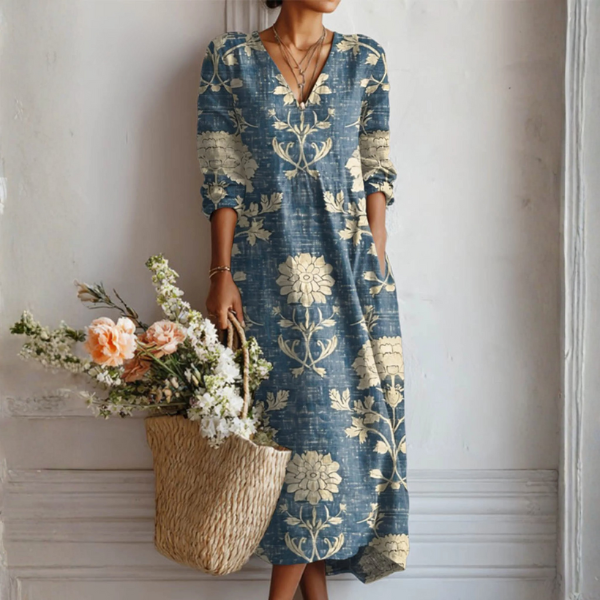 VINTAGE LINEN MIDI DRESS WITH FLORAL PATTERN FOR WOMEN