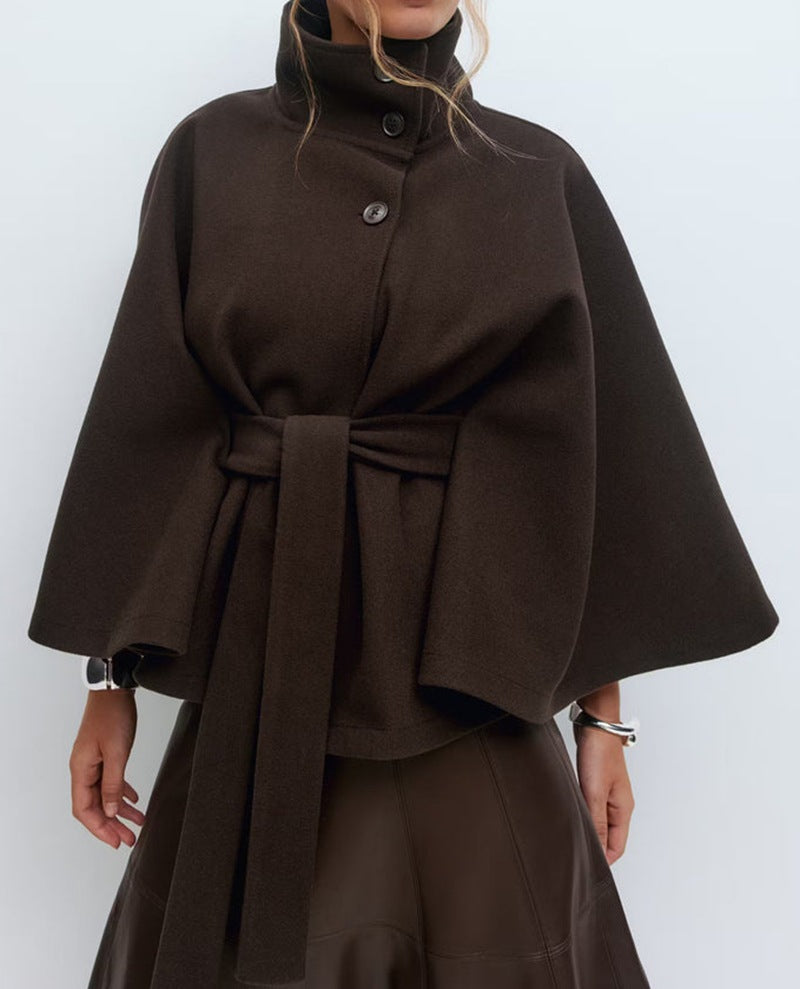 Elegant Belted Cape Coat with Stand Collar and Button Closure