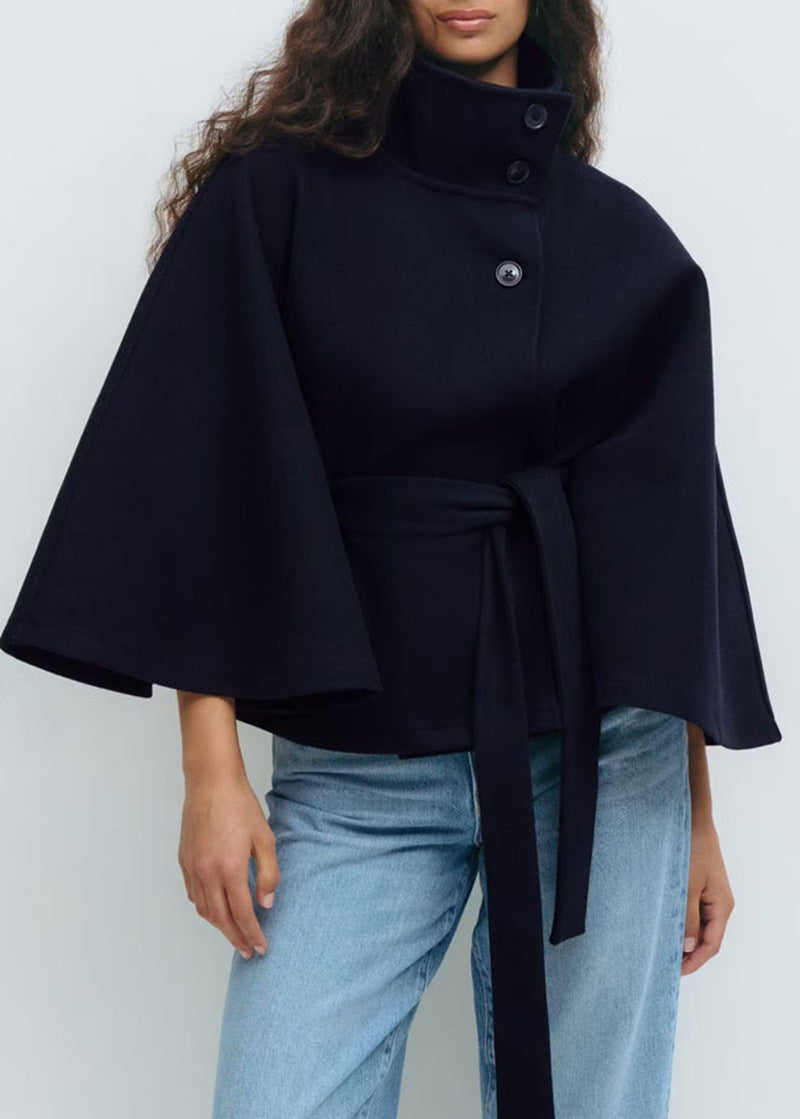 Elegant Belted Cape Coat with Stand Collar and Button Closure