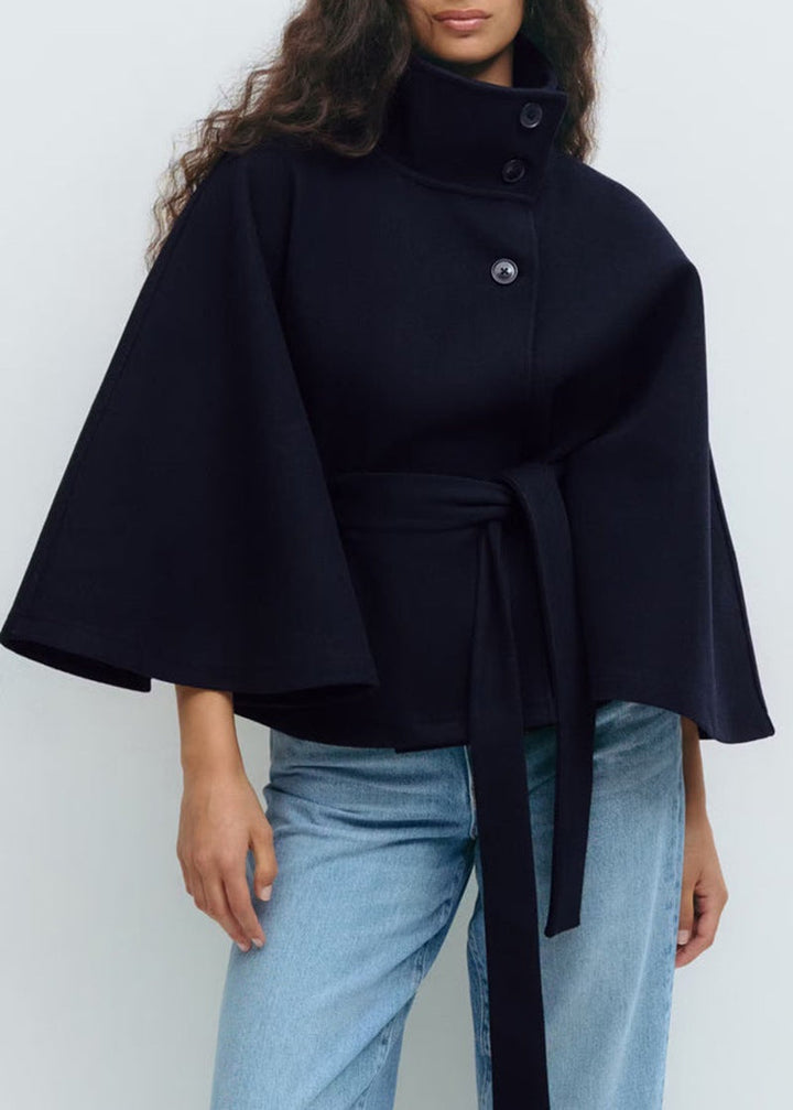 Elegant Belted Cape Coat with Stand Collar and Button Closure