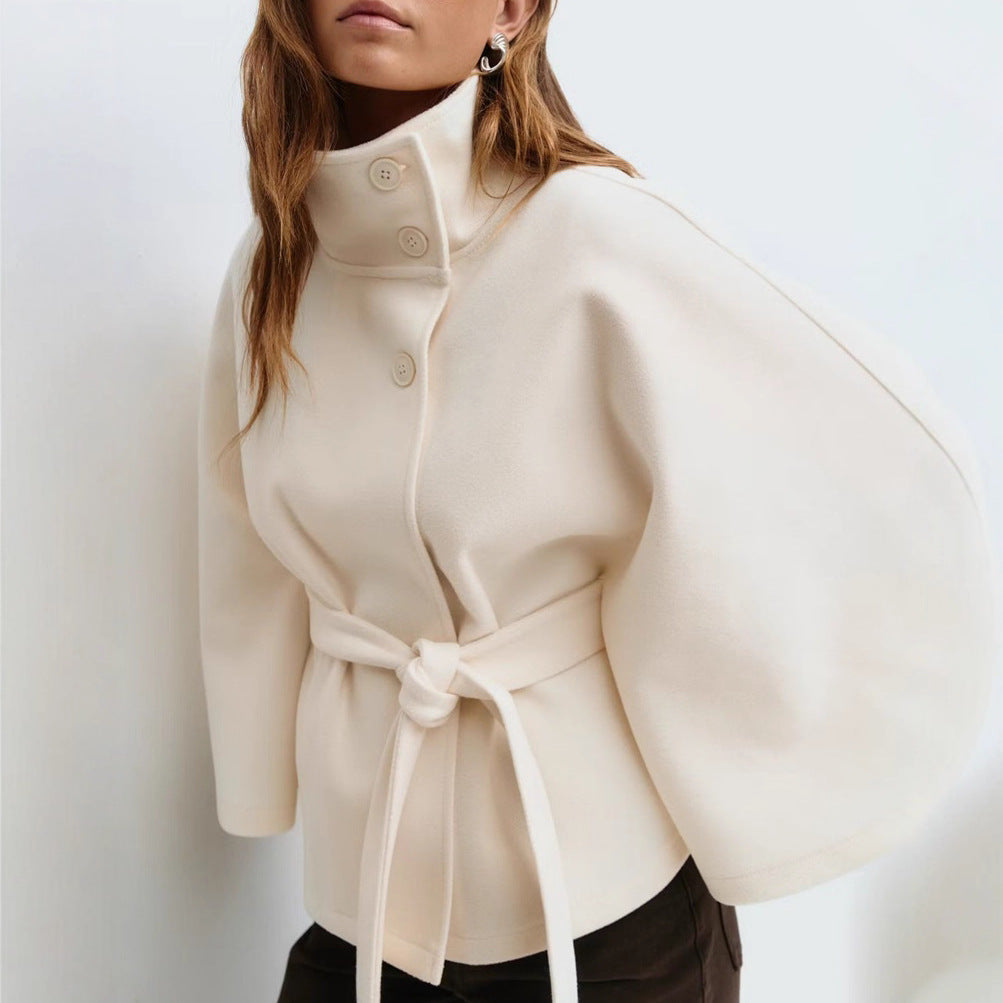 Elegant Belted Cape Coat with Stand Collar and Button Closure