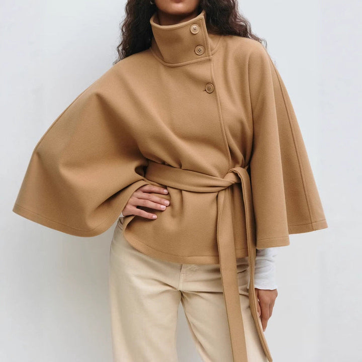 Elegant Belted Cape Coat with Stand Collar and Button Closure