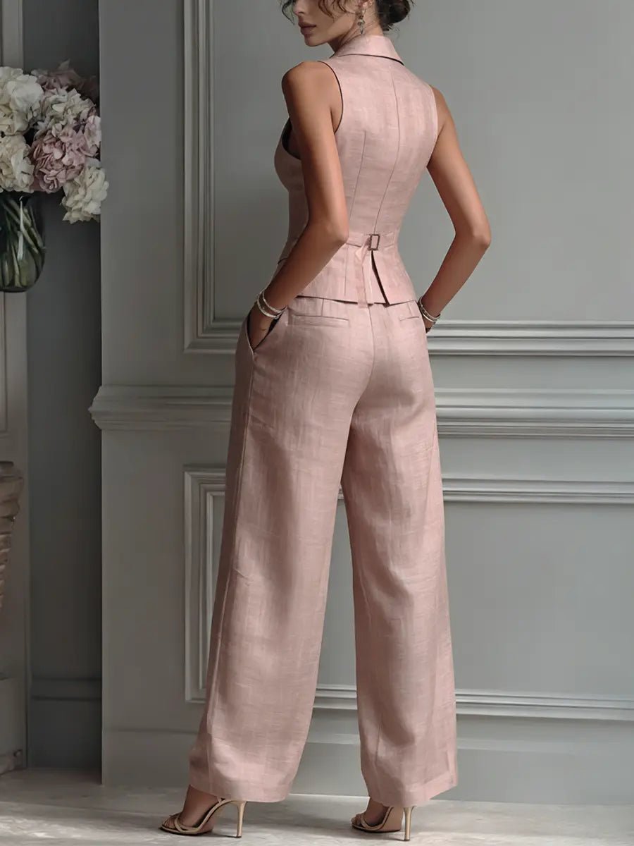 Elegant Linen Waistcoat and Wide Leg Trouser Two Piece Set