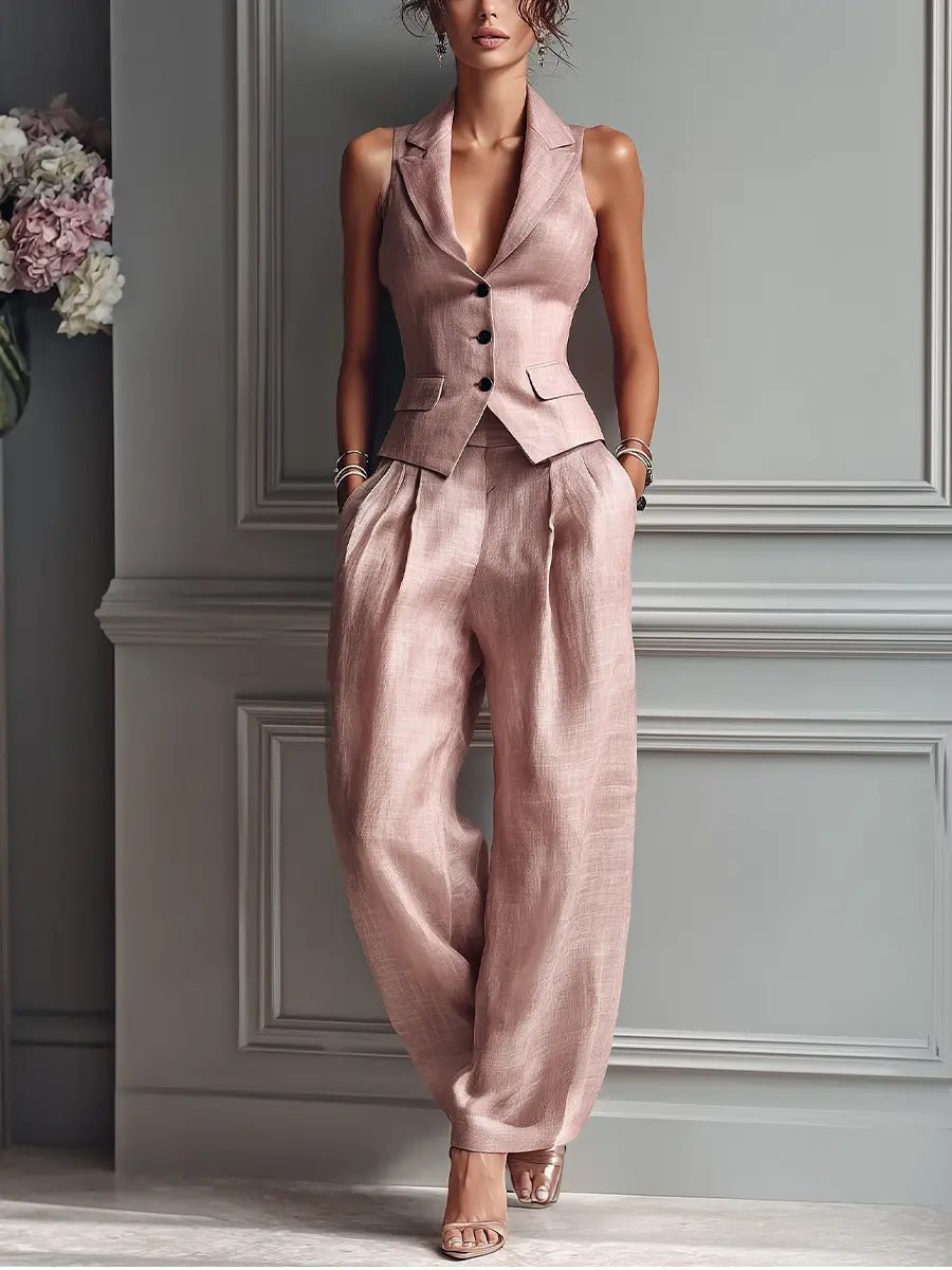Elegant Linen Waistcoat and Wide Leg Trouser Two Piece Set