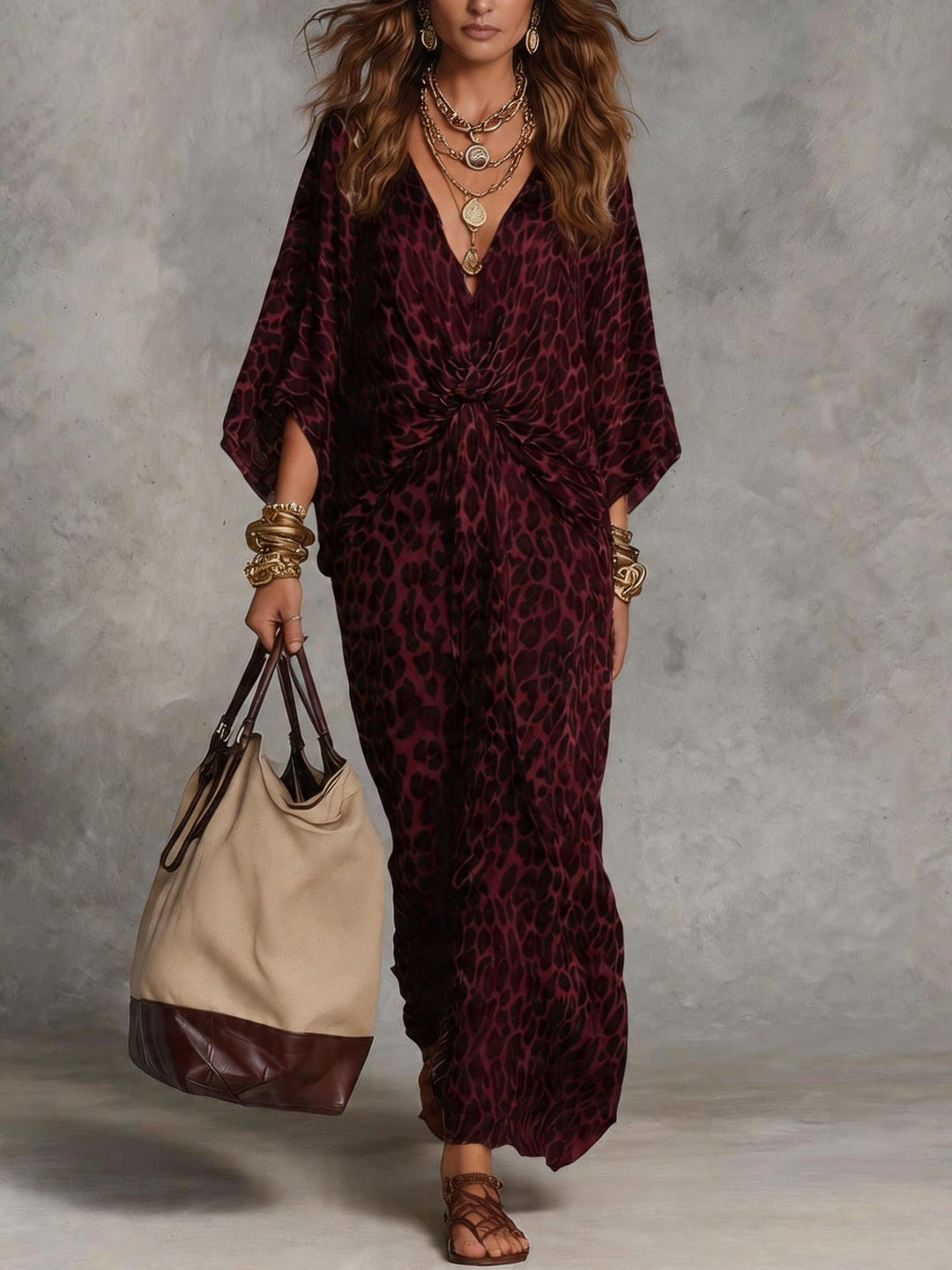 Elegant Print Maxi Dress with Twist Front and Batwing Sleeves