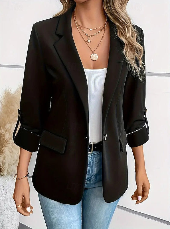 Fitted Open Front Blazer with Roll-Up Sleeves